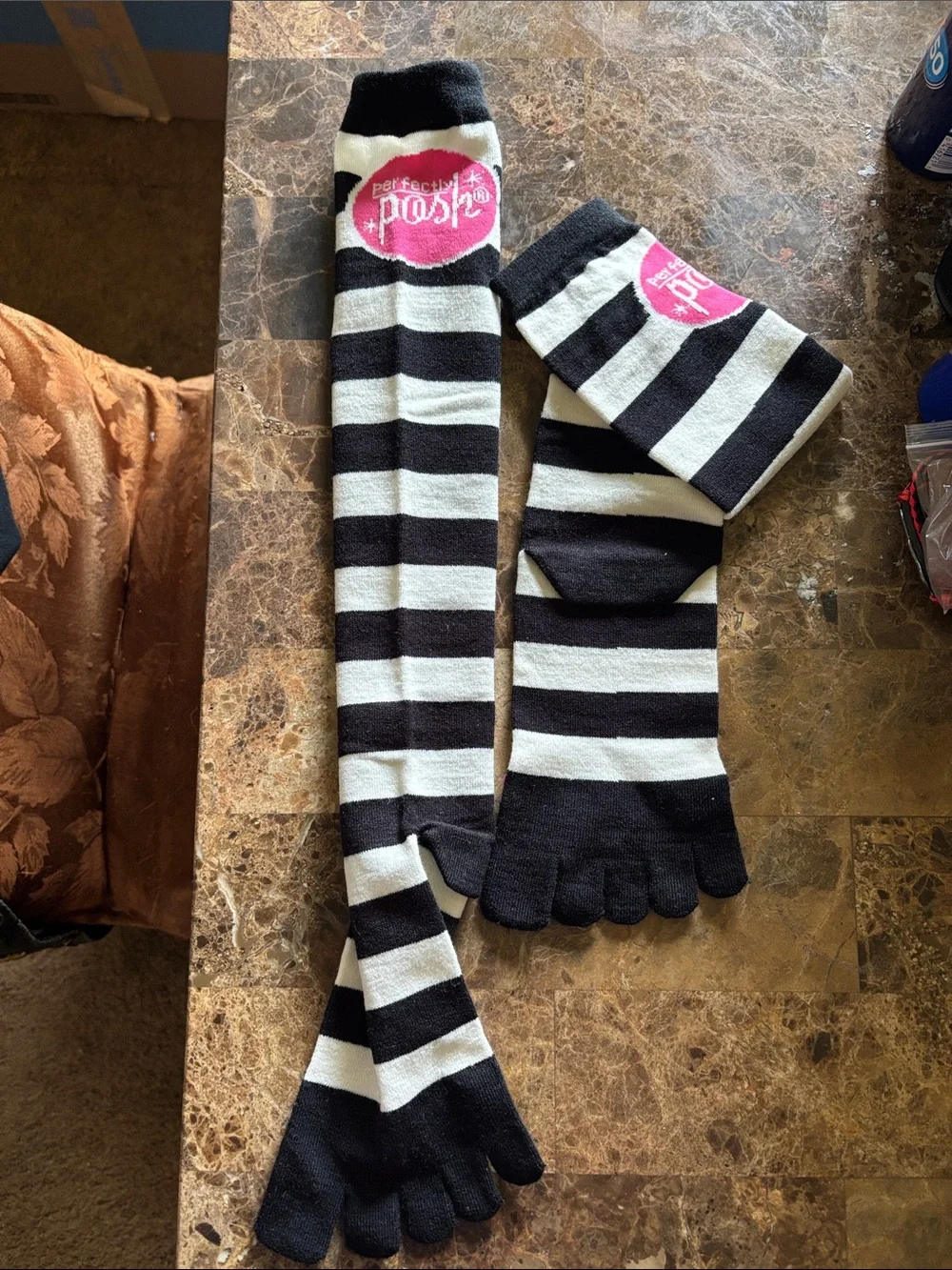 Perfectly Posh Black & White Striped Knee-High Toe Socks with Pink Logo